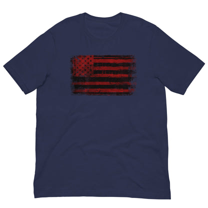 Navy T-shirt with distressed red and black American flag graphic on the chest