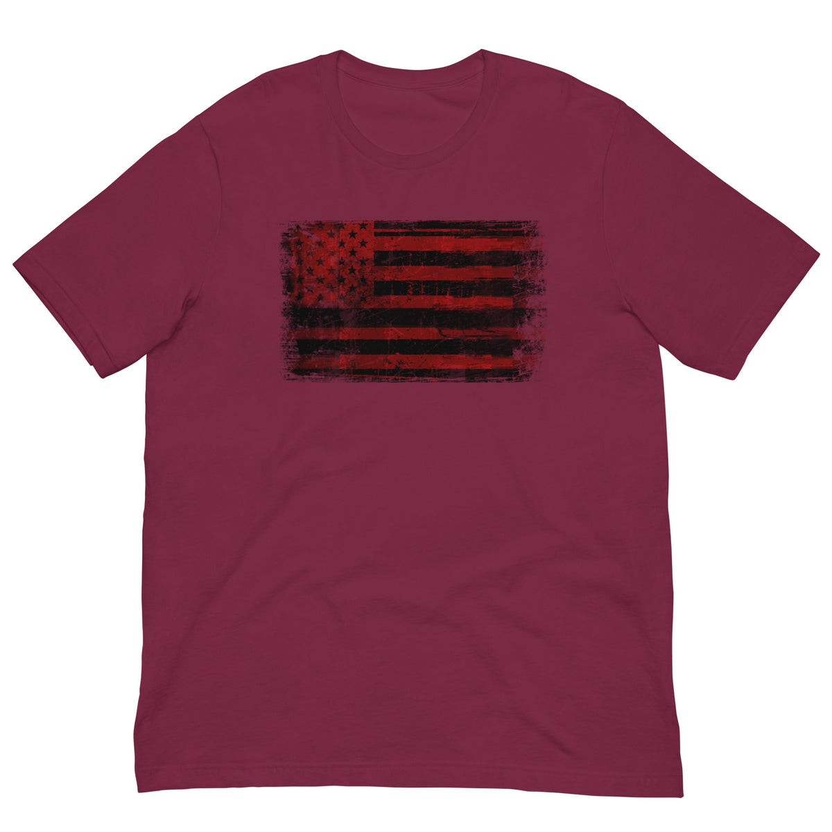Burgundy T-shirt with distressed red and black American flag graphic on the chest