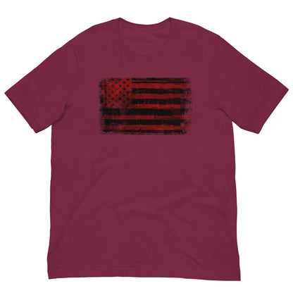 Burgundy T-shirt with distressed red and black American flag graphic on the chest