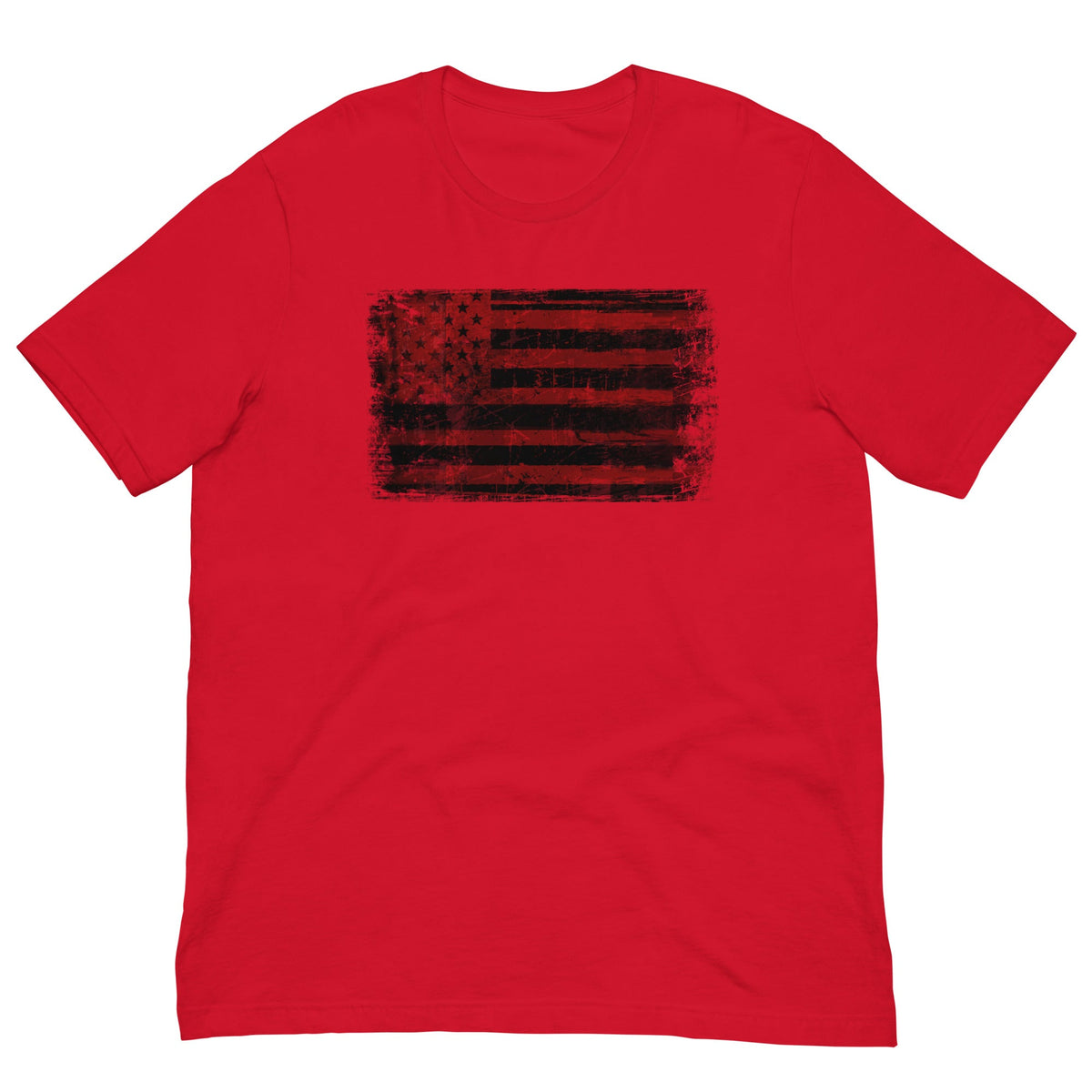 Red T-shirt with distressed red and black American flag graphic on the chest