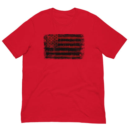 Red T-shirt with distressed red and black American flag graphic on the chest