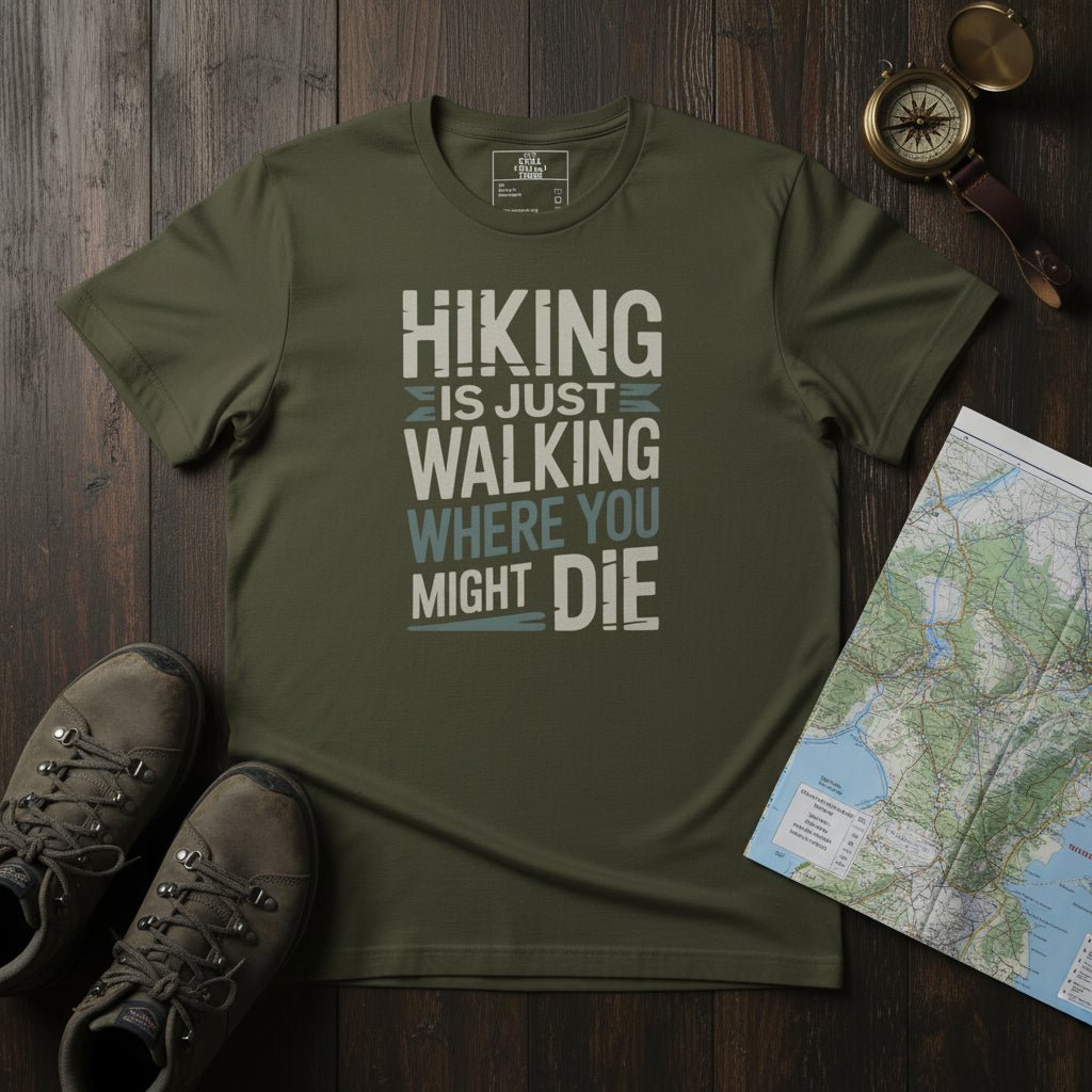 Olive green hiking t-shirt with 'HIKING IS JUST WALKING WHERE YOU MIGHT DIE' print