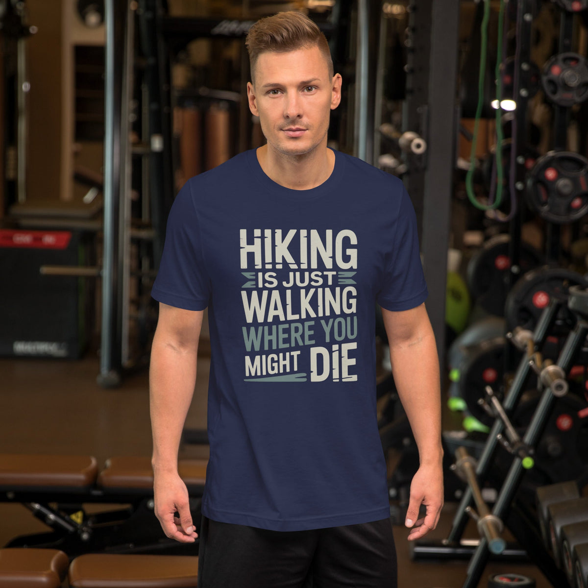Navy hiking T-shirt with bold white quote graphic