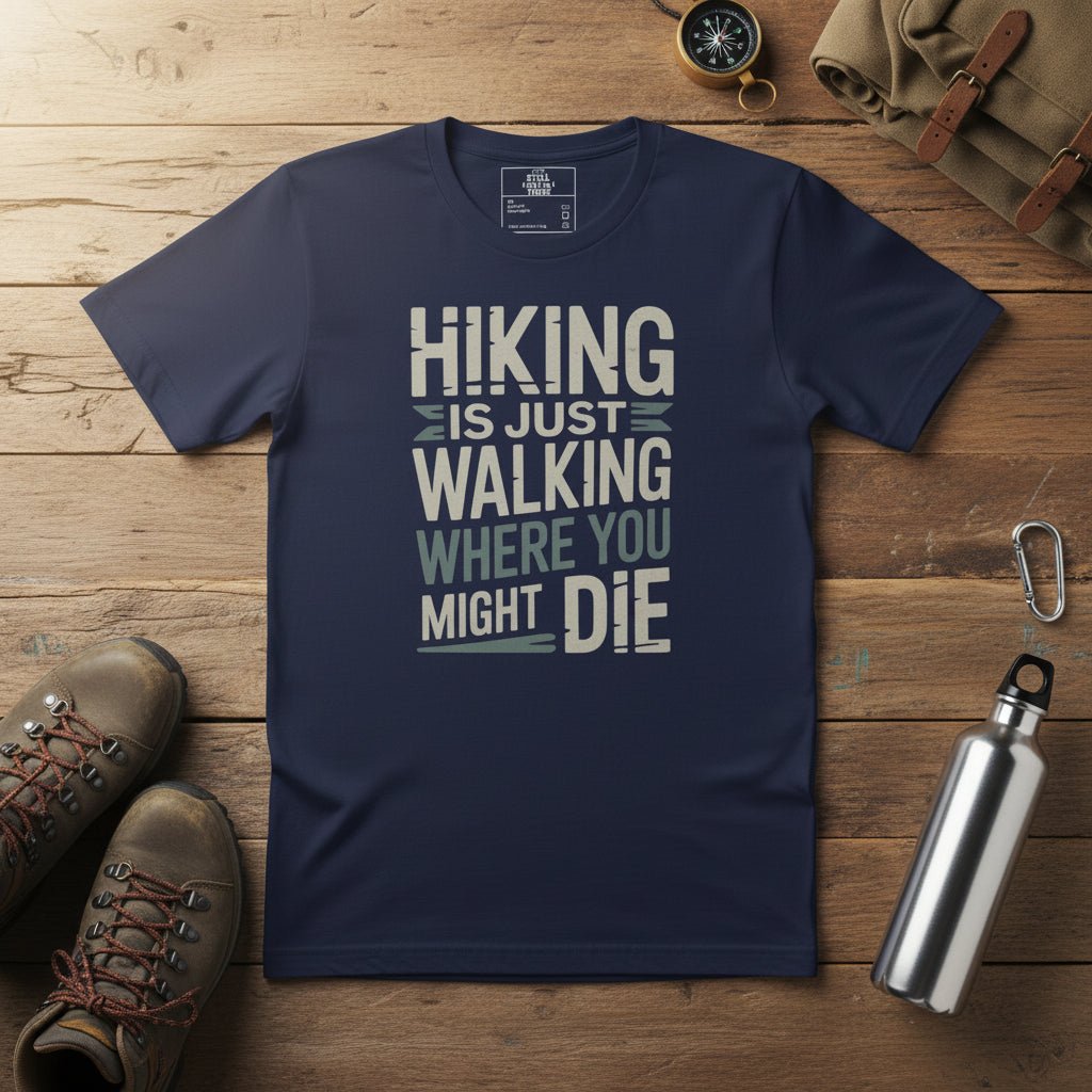 Navy hiking T-shirt with white "HIKING IS JUST WALKING WHERE YOU MIGHT DIE" print