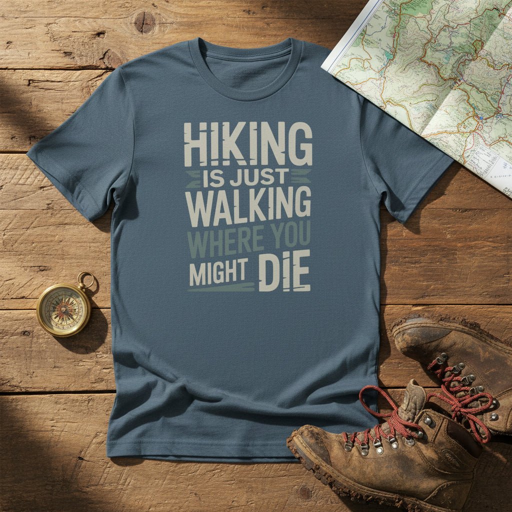 Slate blue hiking t-shirt with 'HIKING IS JUST WALKING WHERE YOU MIGHT DIE' graphic