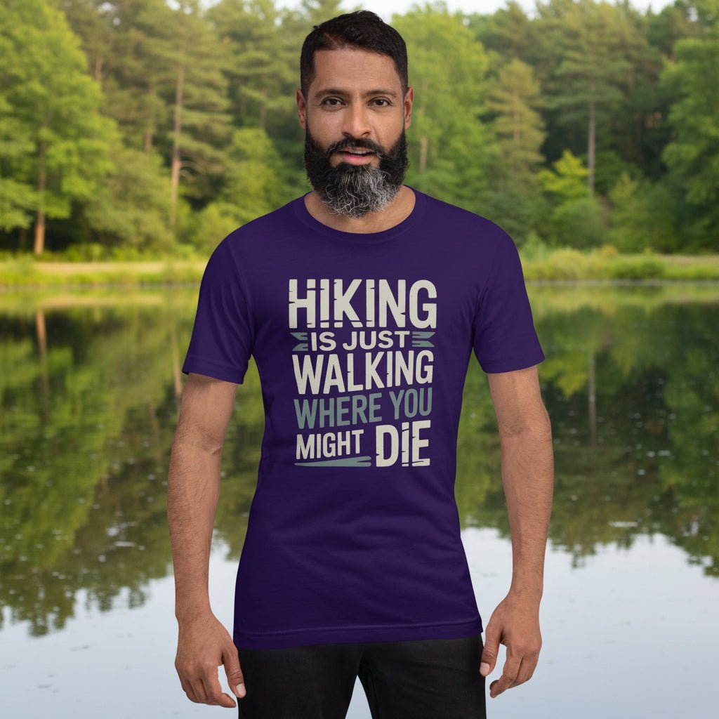 Team purple hiking T-shirt with bold white quote graphic