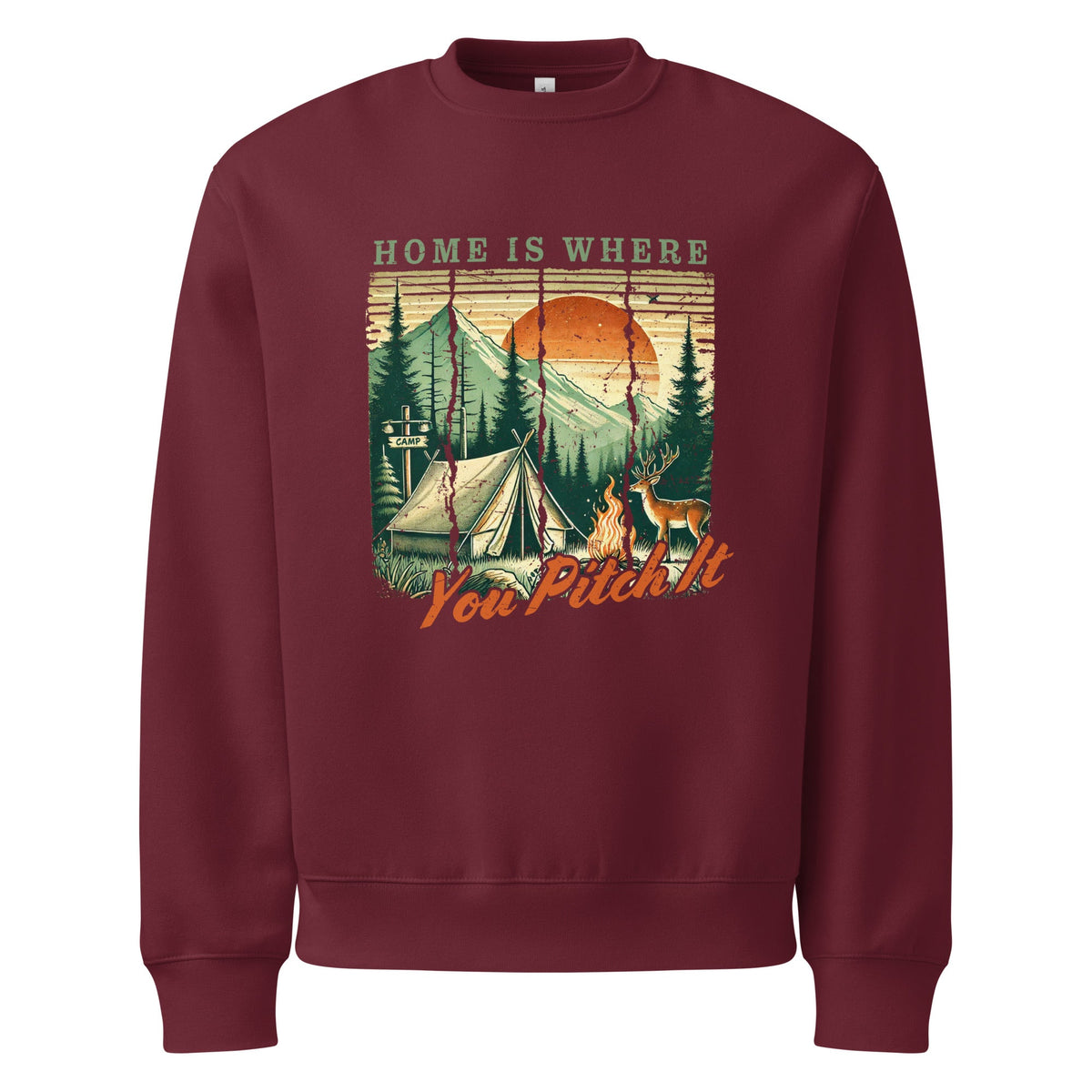 Maroon oversized sweatshirt with camping graphic and text front