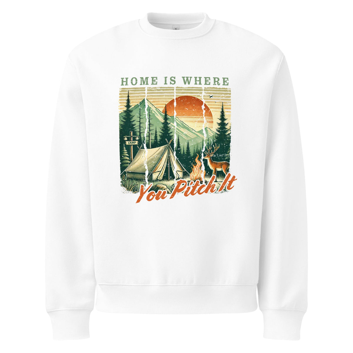 White oversized sweatshirt with camping graphic and “You Pitch It” text