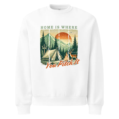 White oversized sweatshirt with camping graphic and “You Pitch It” text