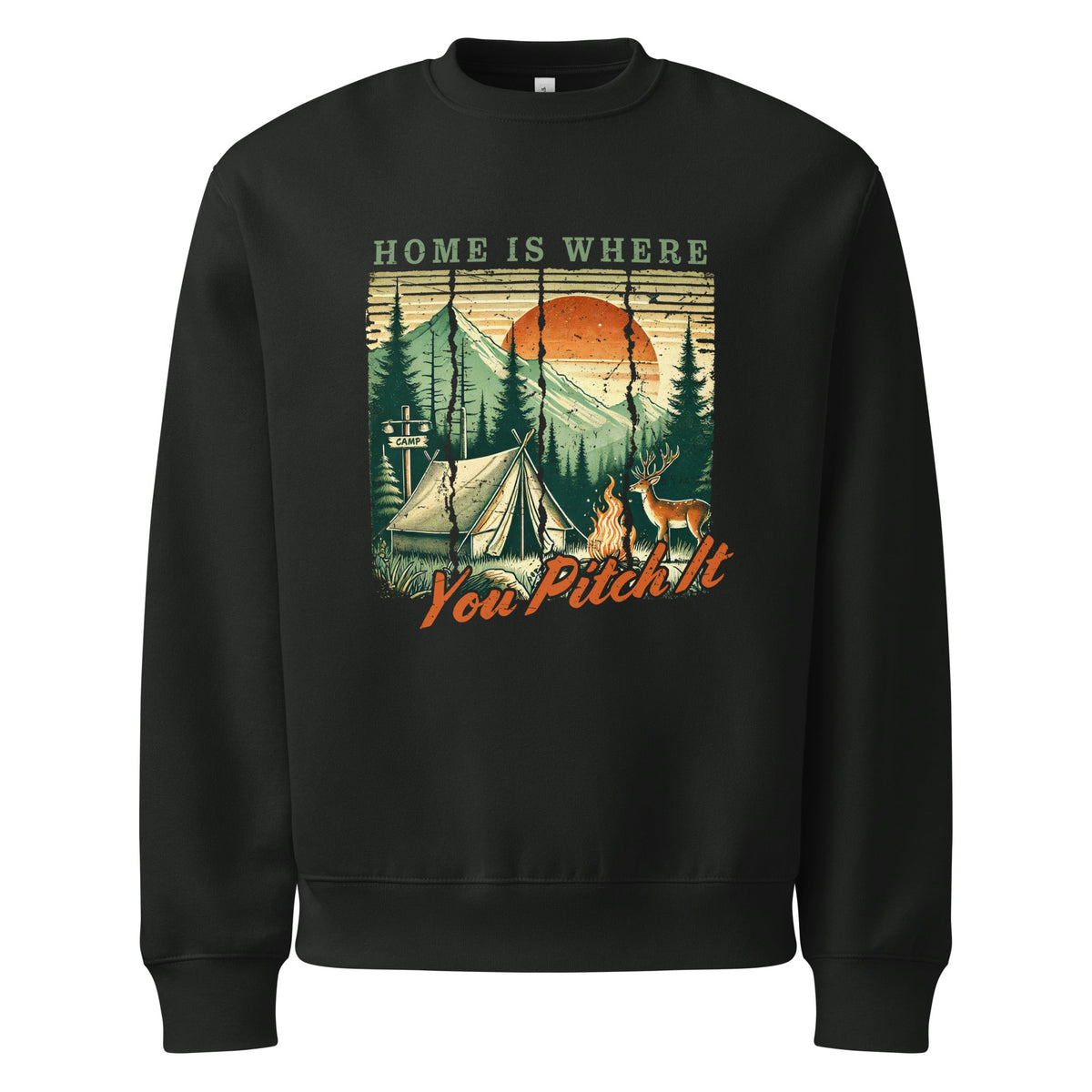 Black oversized sweatshirt with camping graphic and text front