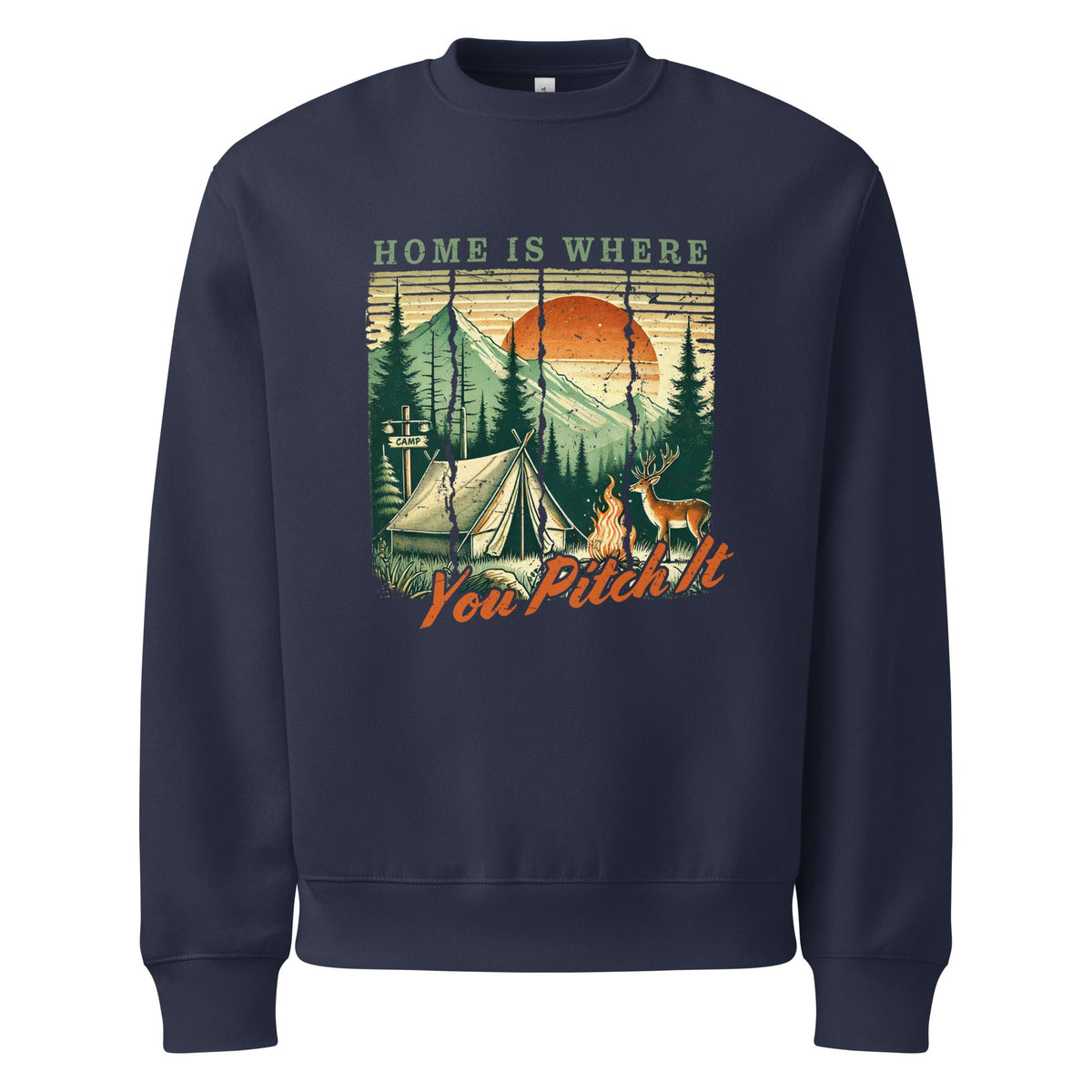 Navy oversized sweatshirt with camping graphic and text front