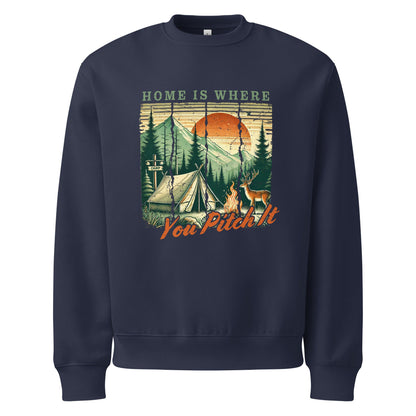Navy oversized sweatshirt with camping graphic and text front