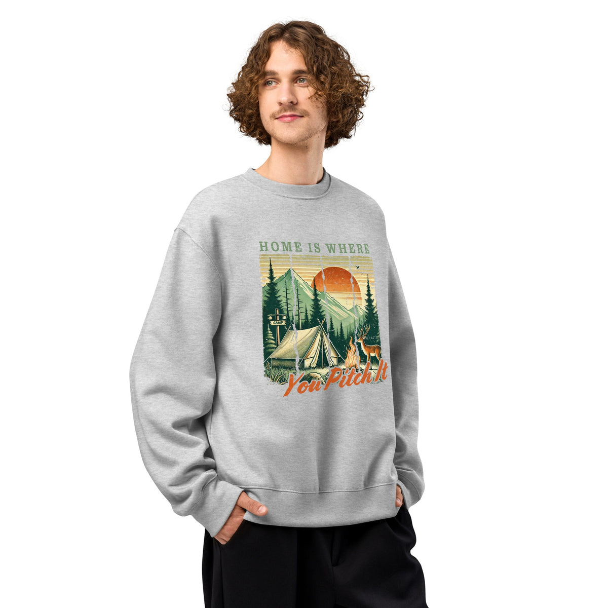 Heather gray oversized sweatshirt with camping graphic and “You Pitch It” text