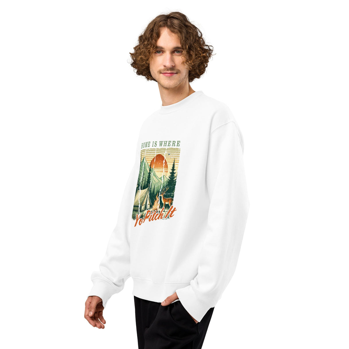 White oversized crewneck sweatshirt with camping graphic and lettering on front