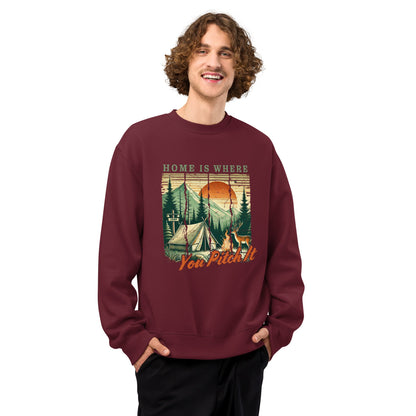 Maroon oversized sweatshirt with camping graphic and “You Pitch It” text