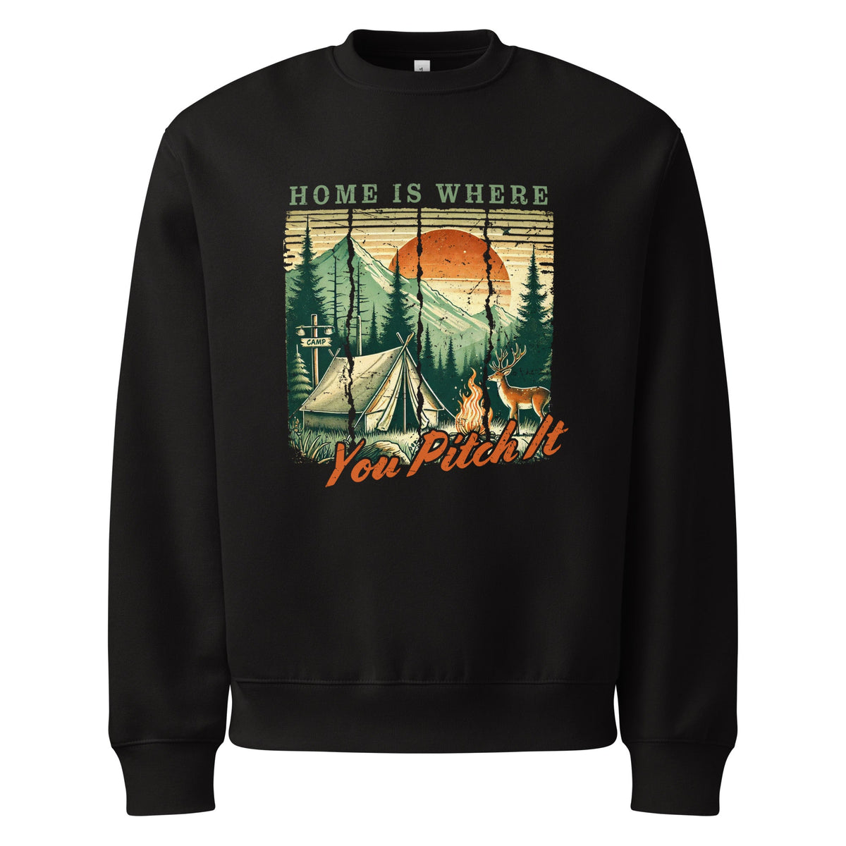 Black oversized sweatshirt with camping graphic and “You Pitch It” text