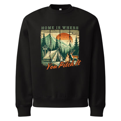 Black oversized sweatshirt with camping graphic and “You Pitch It” text