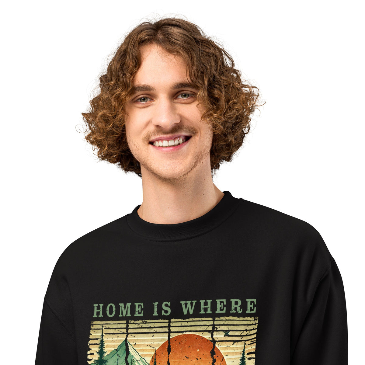 Black oversized sweatshirt with camping graphic and “You Pitch It” text