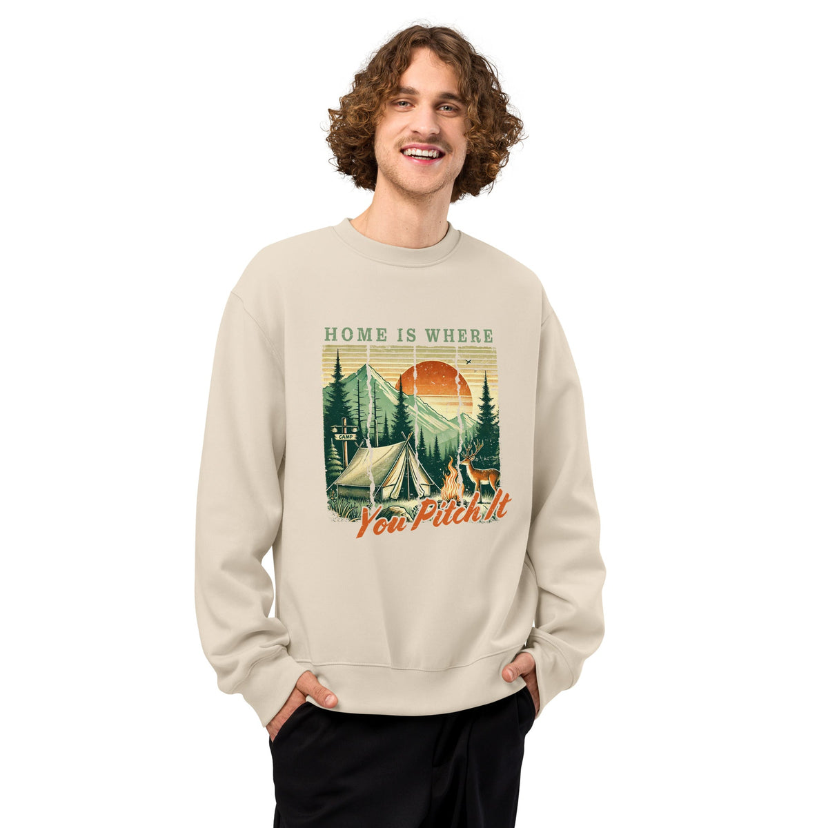 Beige oversized sweatshirt with camping graphic and “You Pitch It” text