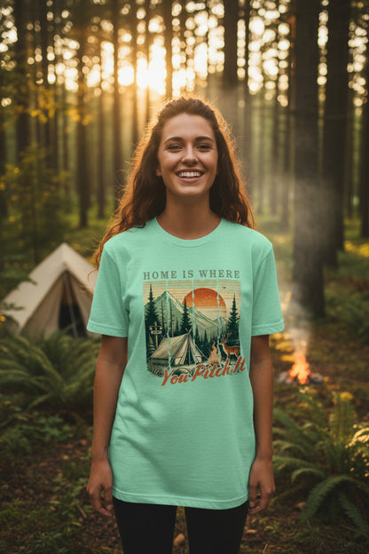 Mint green camping T-shirt with tent and pine trees graphic and “Home is where” text