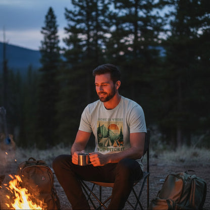 Light gray camping T-shirt with tent and pine trees graphic and “Home is where” text