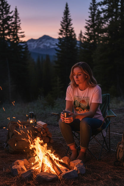 Soft pink camping T-shirt with tent and pine trees graphic and “Home is where” text
