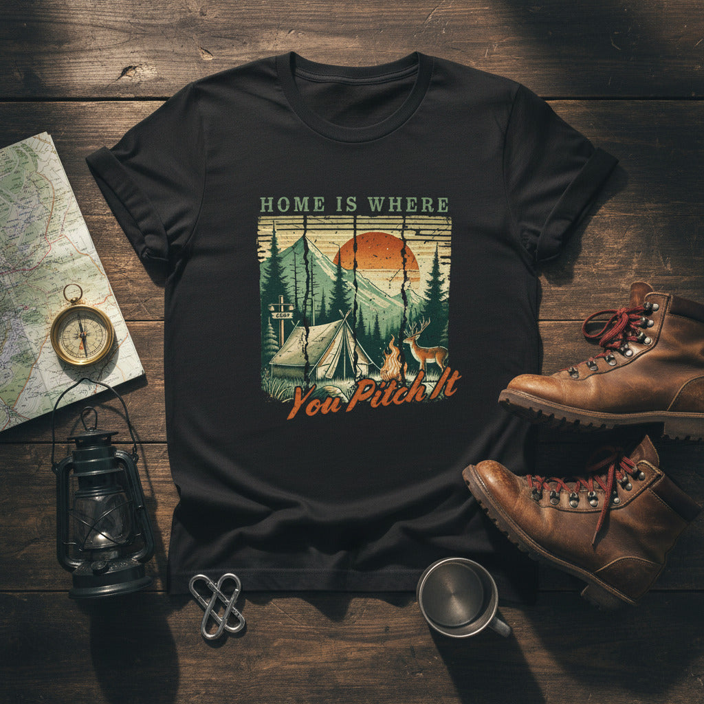 Black camping T-shirt with front graphic campsite and sunset, 'Pitch It' text