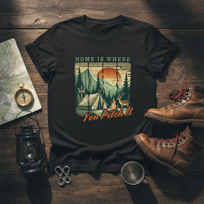 Black camping T-shirt with front graphic campsite and sunset, 'Pitch It' text
