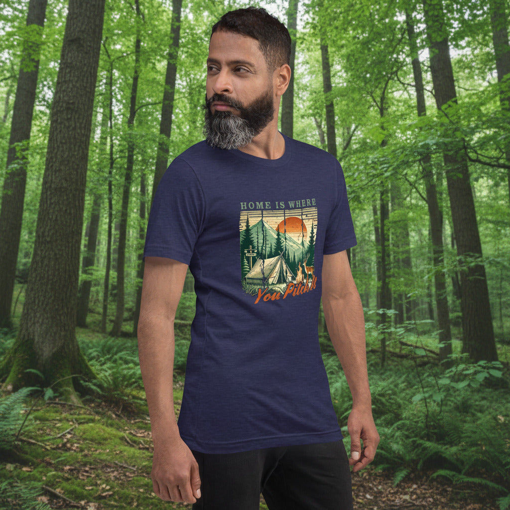 Navy camping T-shirt on model with front graphic campsite and 'Pitch It' text