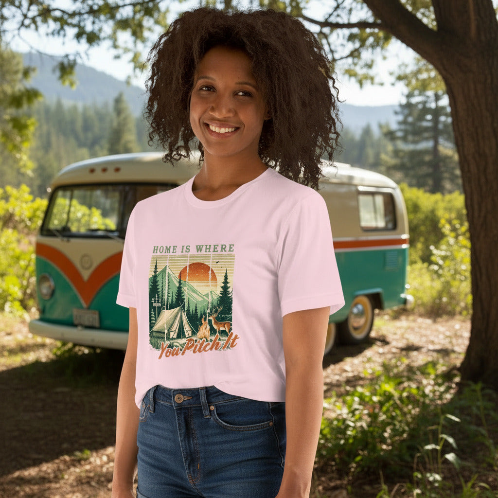 Light pink camping T-shirt with front graphic campsite and 'Pitch It' text