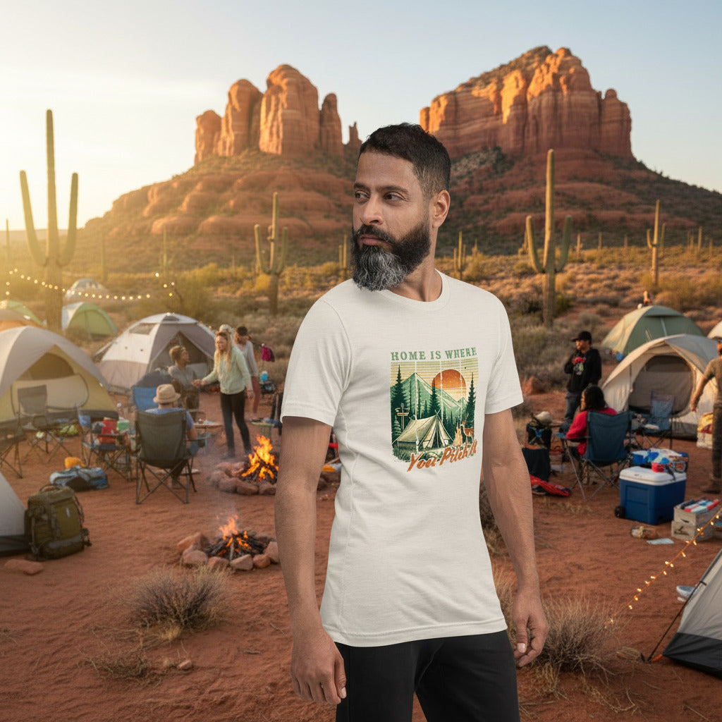 Light cream camping T-shirt on model with front graphic campsite and 'Pitch It' text
