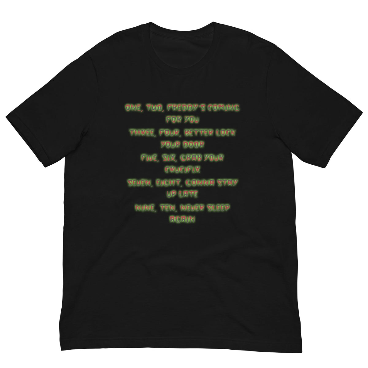 Black horror graphic T-shirt with neon script text across the chest, crew neck