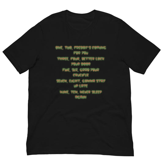 Black horror graphic T-shirt with neon script text across the chest, crew neck
