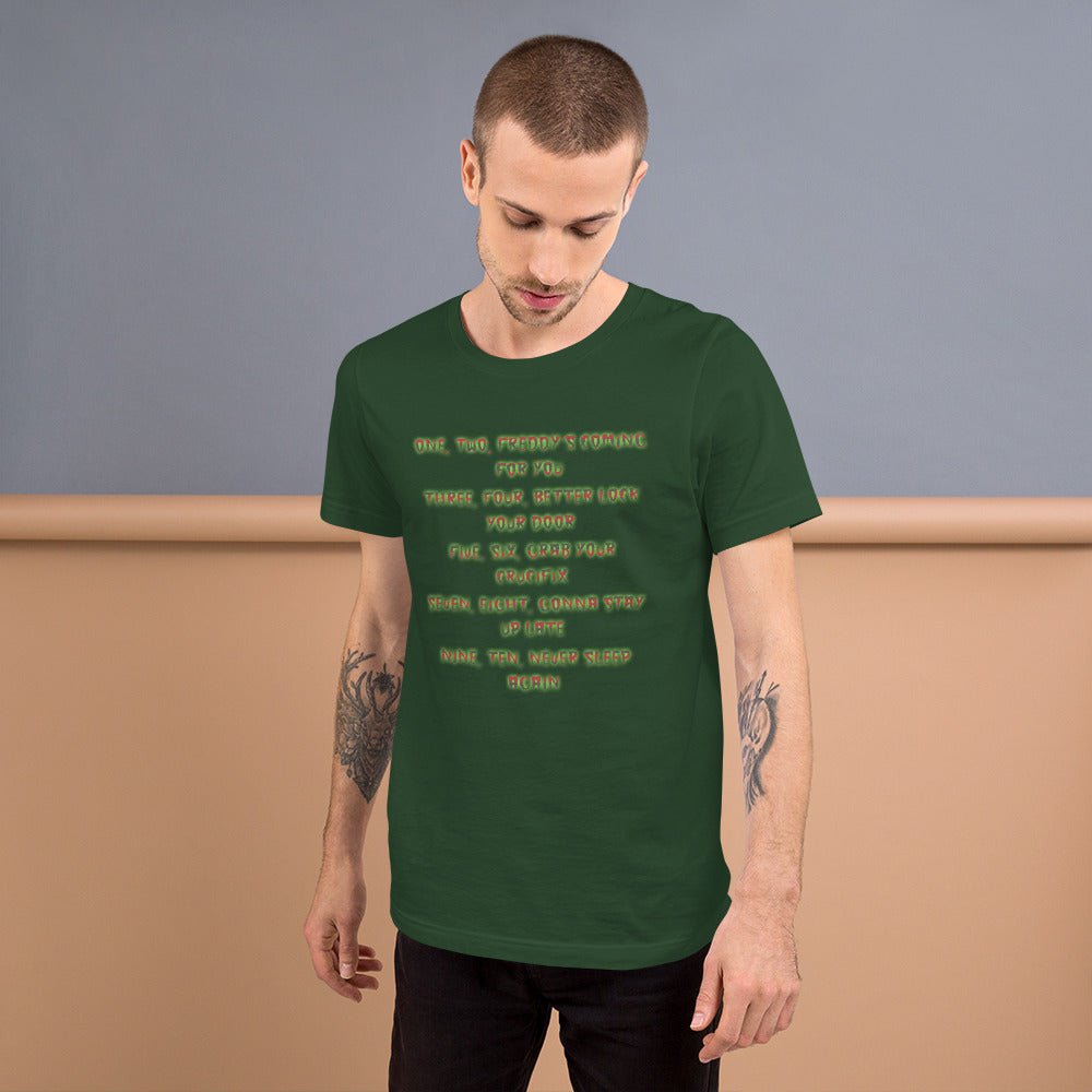 Forest green horror graphic crewneck T-shirt with neon text on the front, short sleeves