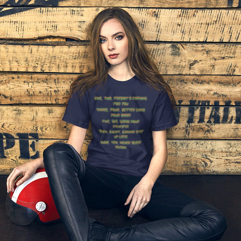 Navy horror graphic crewneck T-shirt with neon text on the front, short sleeves