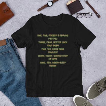 Black horror graphic crewneck T-shirt with neon text on the front, short sleeves