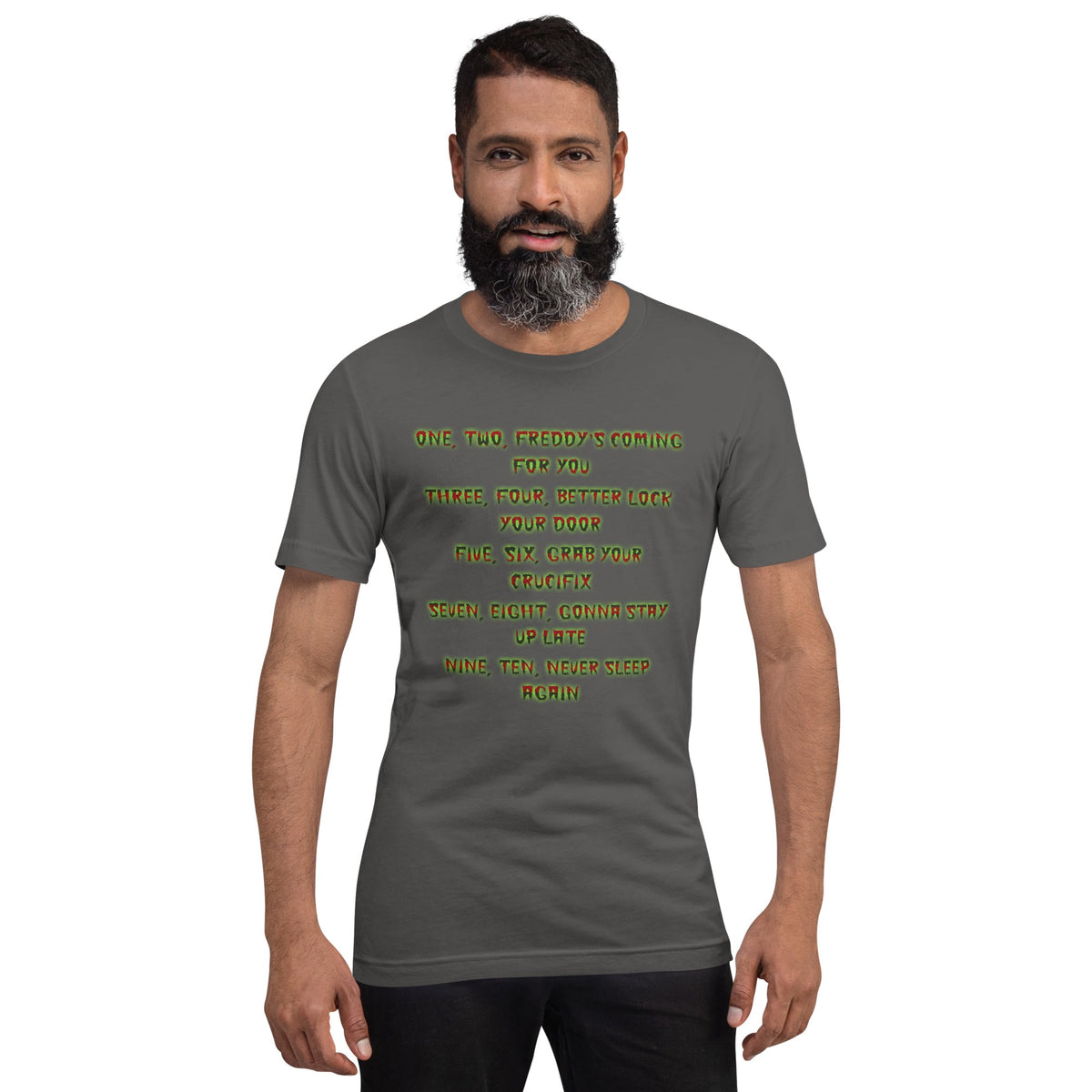 Dark gray horror graphic crewneck T-shirt with neon text on the front, short sleeves