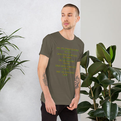 Olive green horror graphic crewneck T-shirt with neon text on the front, short sleeves