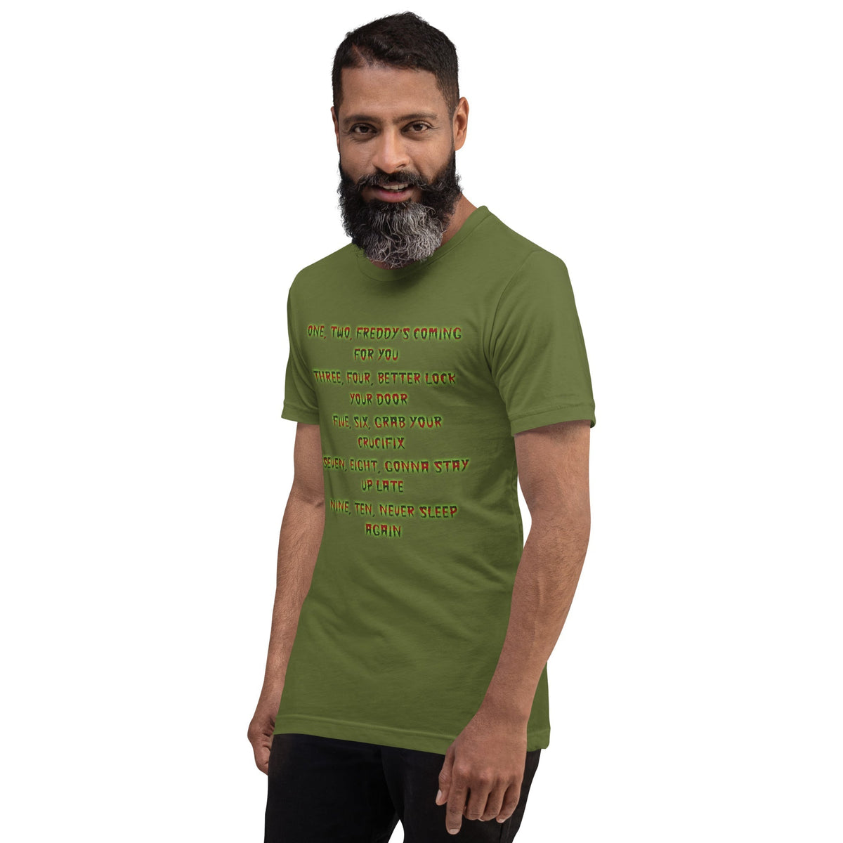 Olive green horror graphic crewneck T-shirt with neon lettering across the chest