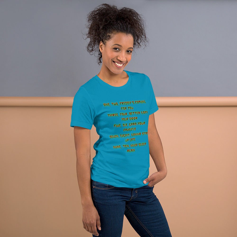 Aqua blue horror graphic crewneck T-shirt with neon text on the front, short sleeves