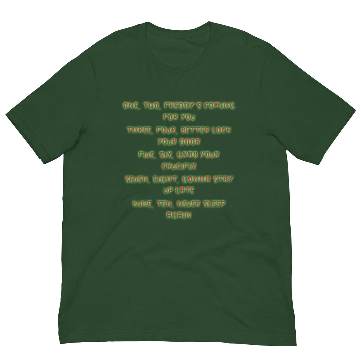 Forest green T-shirt with neon yellow graphic text print