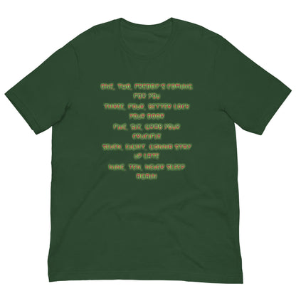 Forest green T-shirt with neon yellow graphic text print