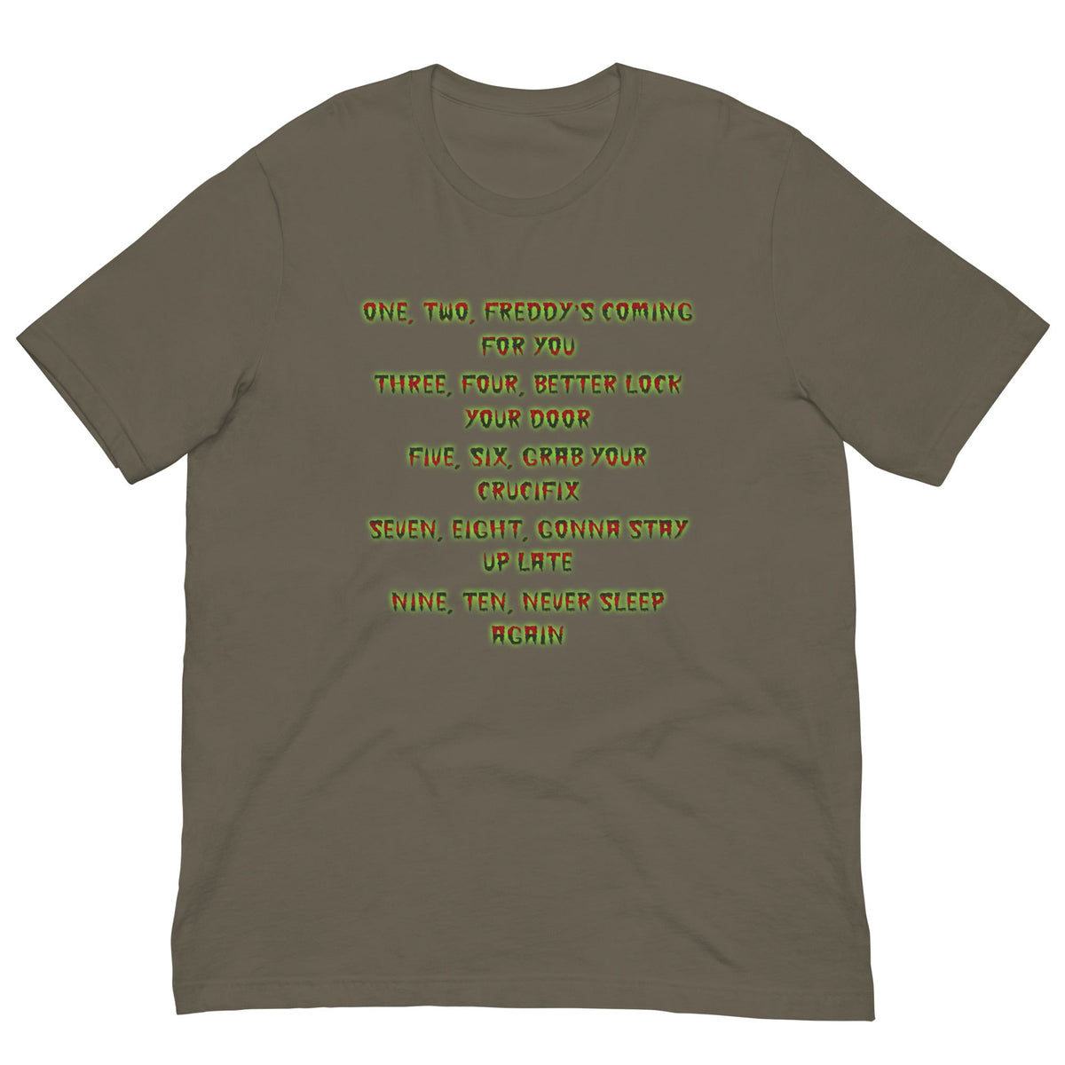 Olive brown T-shirt with neon yellow graphic text print