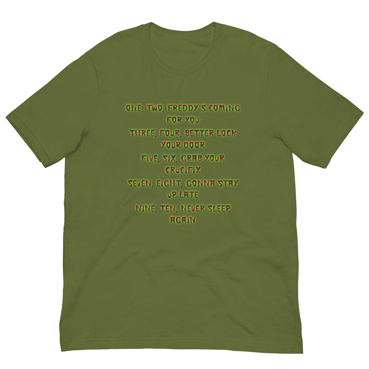 Army green T-shirt with neon yellow graphic text print