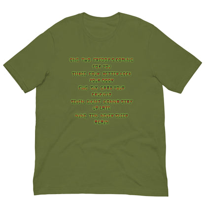 Army green T-shirt with neon yellow graphic text print