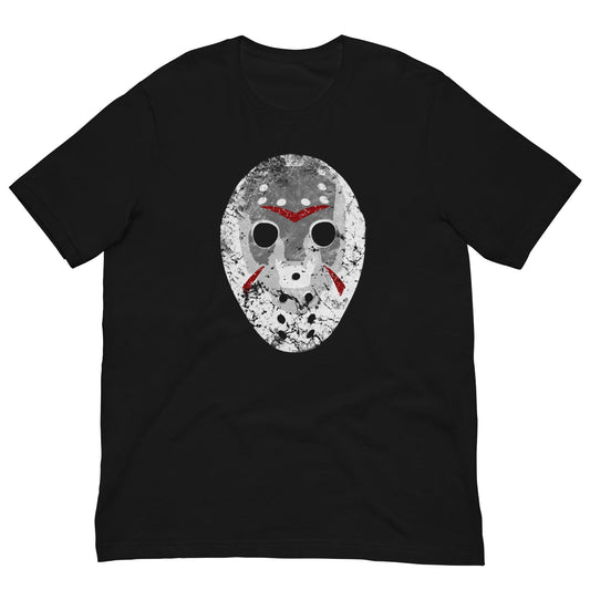 Black horror mask T-shirt with distressed white face and red eye accents