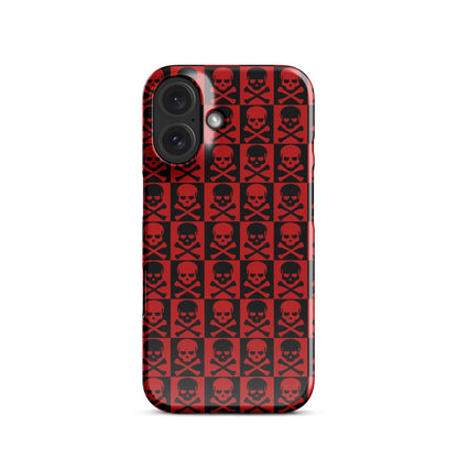 iPhone snap case with red and black skull pattern and camera lens cutouts