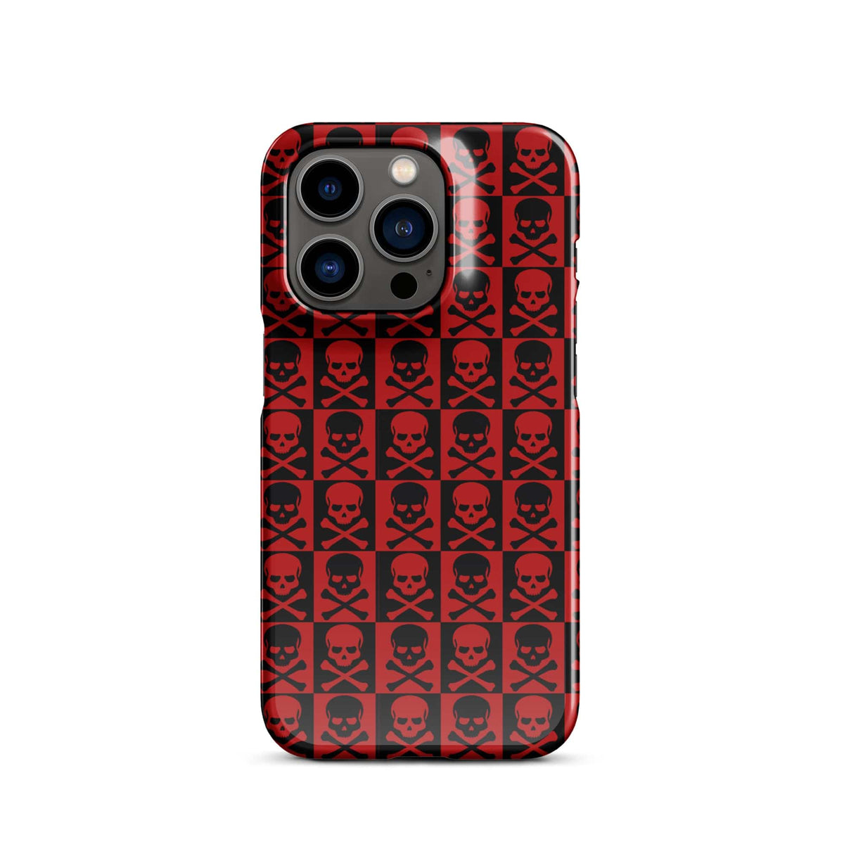 iPhone snap case with red and black skull pattern and triple-lens camera cutouts