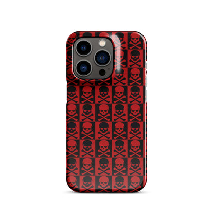 iPhone snap case with red and black skull pattern and triple-lens camera cutouts