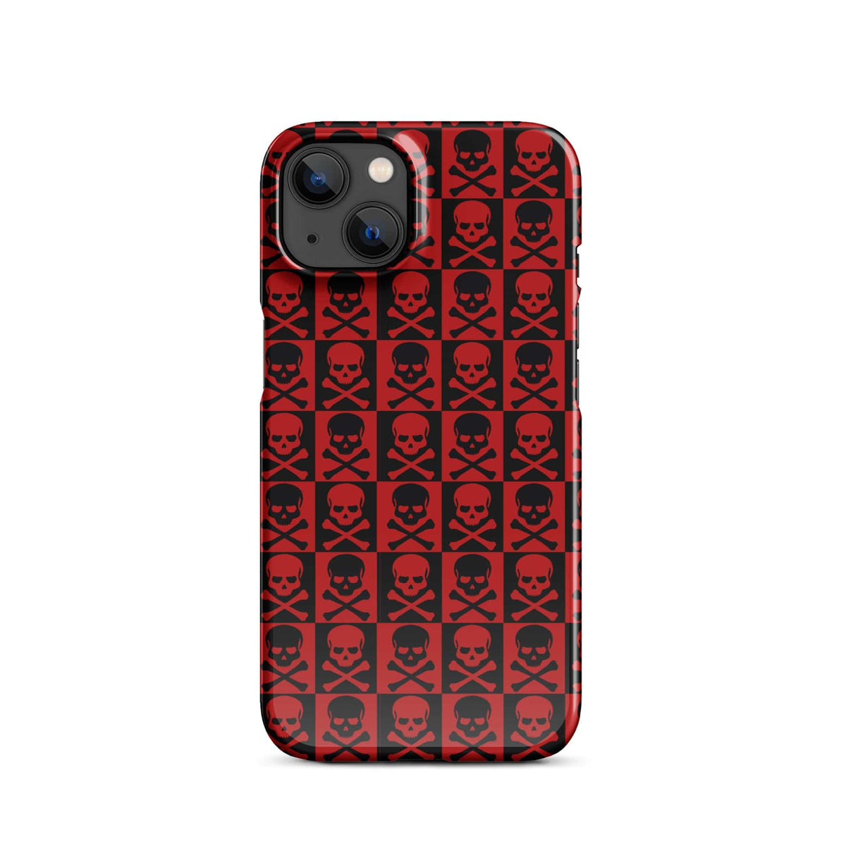 iPhone snap case with red-and-black skulls repeating grid pattern on the back